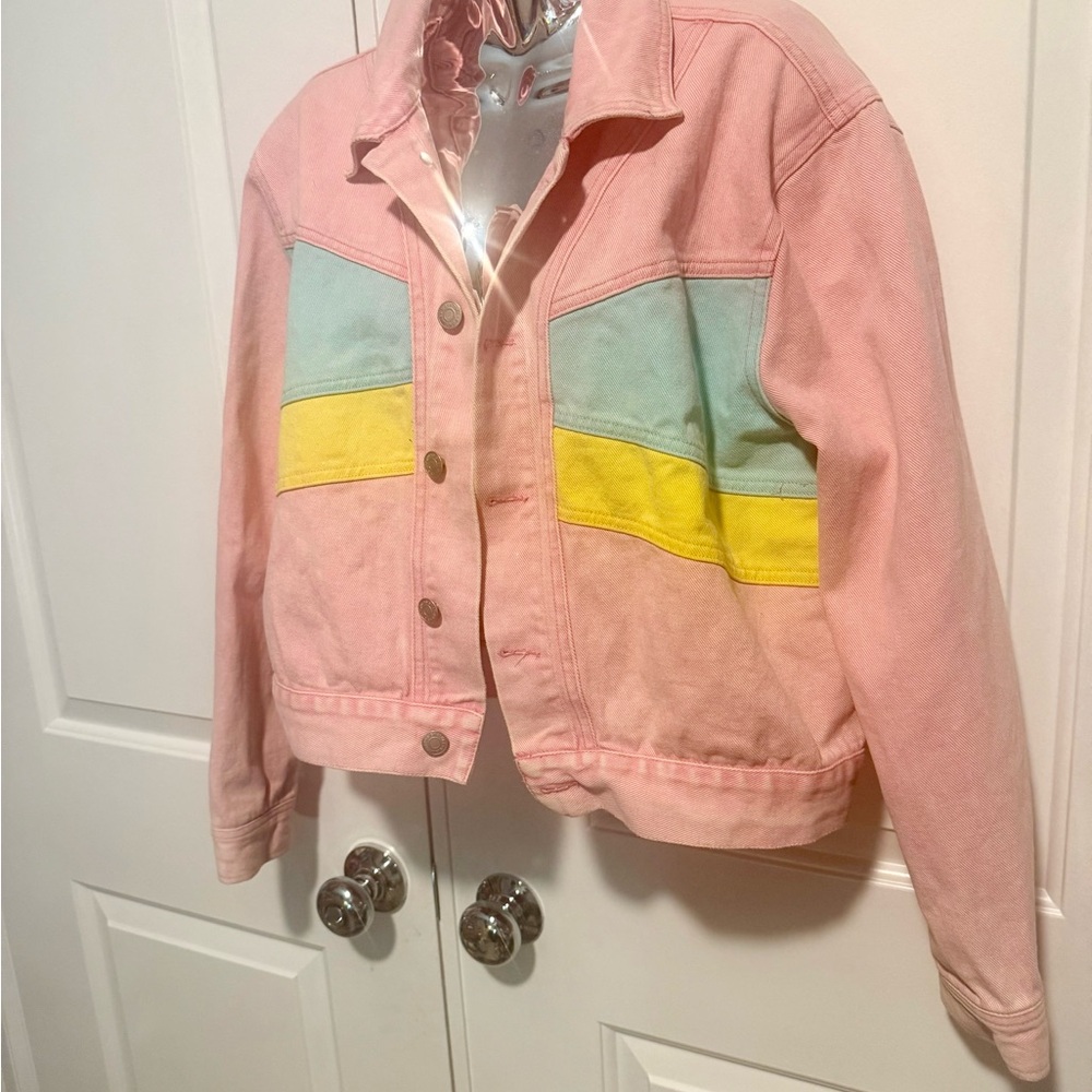 The Impeccable Pig Pink Jean Jacket with Colorful Accents size large - Picture 3 of 6